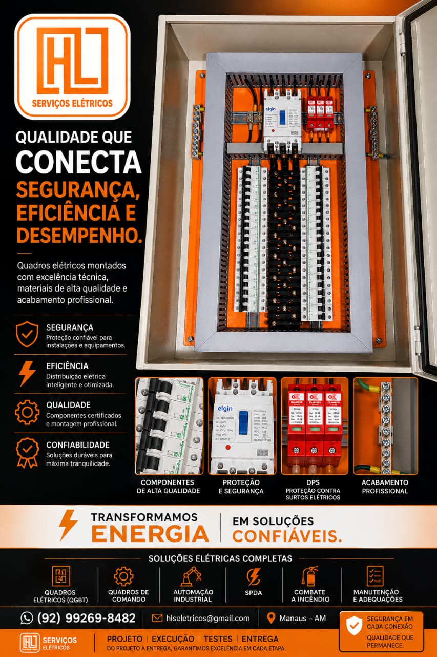 Flyer promocional da HL Serviços Elétricos com serviços de montagem de quadros